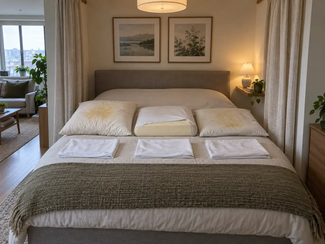 Three bare pillows with different fills and yellow stains lined up on a made bed in a studio apartment alcove