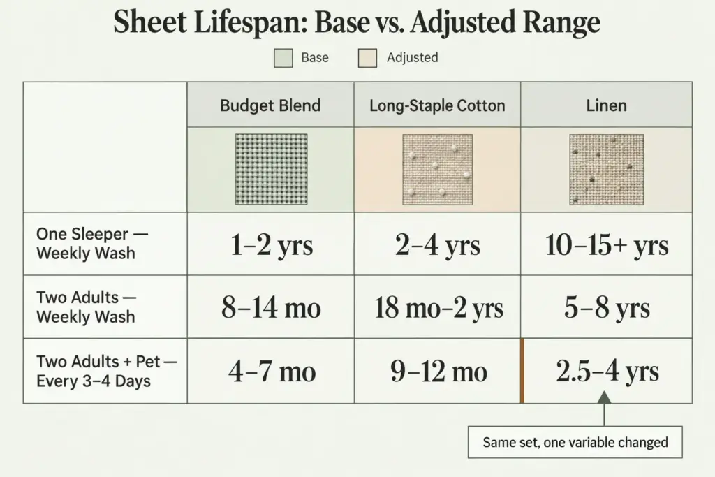 Table comparing sheet lifespan by material tier and household size, from one sleeper to two adults with a pet