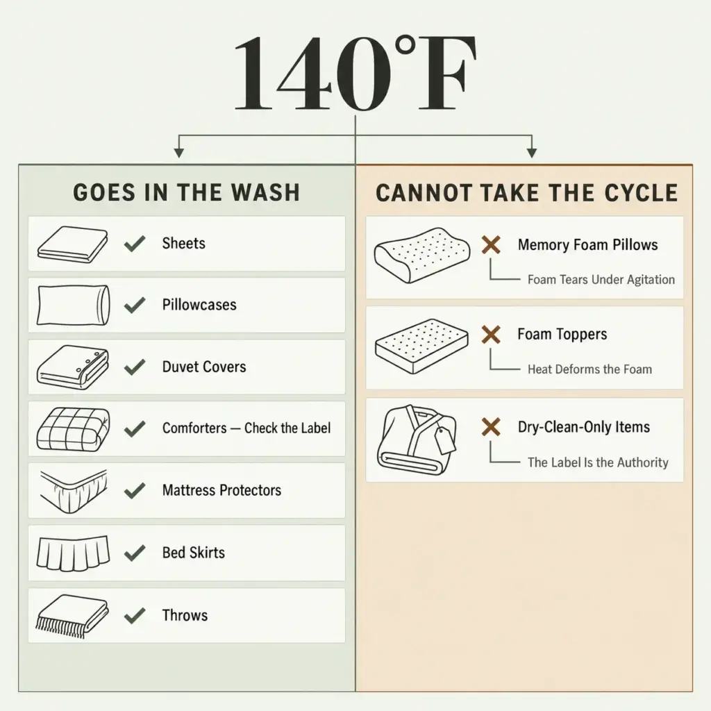 Chart showing which bedding items go in a 140°F wash versus which cannot take the cycle, with the reason beside each