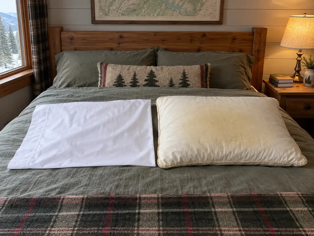 Washed white pillowcase next to its washed pillow, the case bright and the pillow shell still yellow