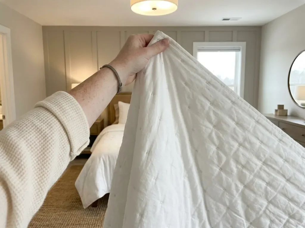 A hand lifting a cotton quilt by one corner to show how much batting it carries