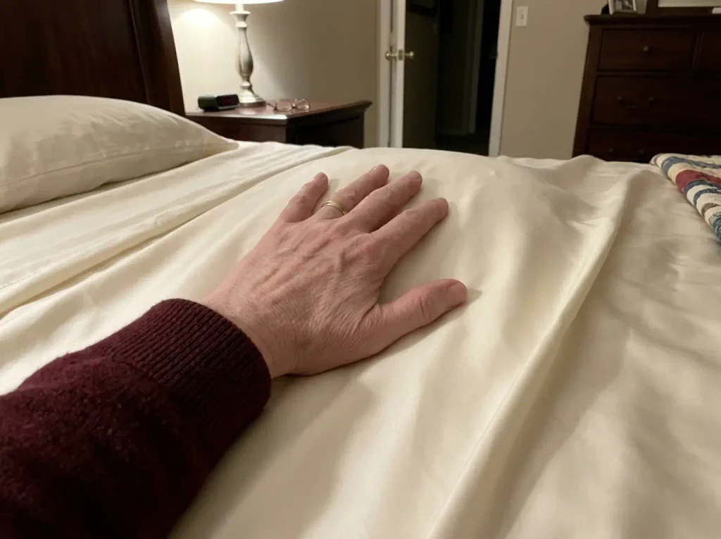 A hand resting flat on ivory silk sheets, lamp light raking across the weave to show its surface