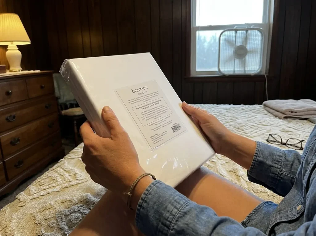 Hands turning a bamboo sheet set package over to read the fiber content panel on the back