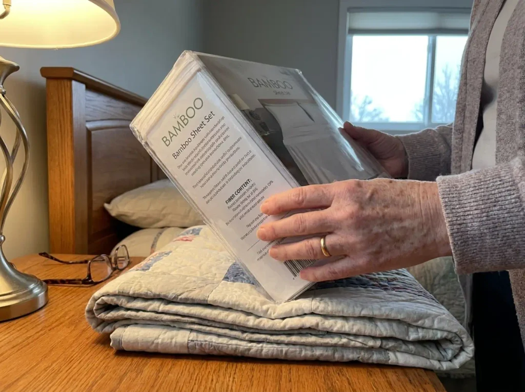 Hands turning a bamboo sheet set package to read the fiber content on the back label