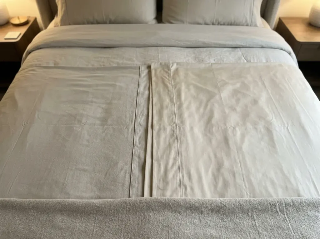 A two-year-old bamboo sheet laid beside a newer one, the older panel visibly grayer and flatter in the light