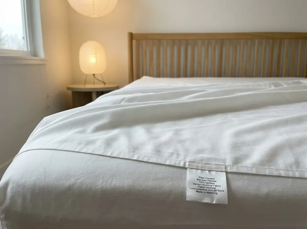Close side-on view of a white bamboo viscose sheet showing the sateen float and its sewn-in fiber content tag