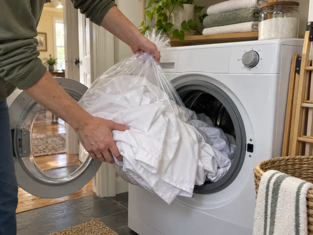 Sealed bag of bedding being emptied into a washer set to a hot 140F cycle