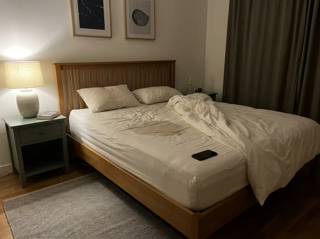 Bed at 3am, sheet roped to one side and a damp patch under where the shoulders were