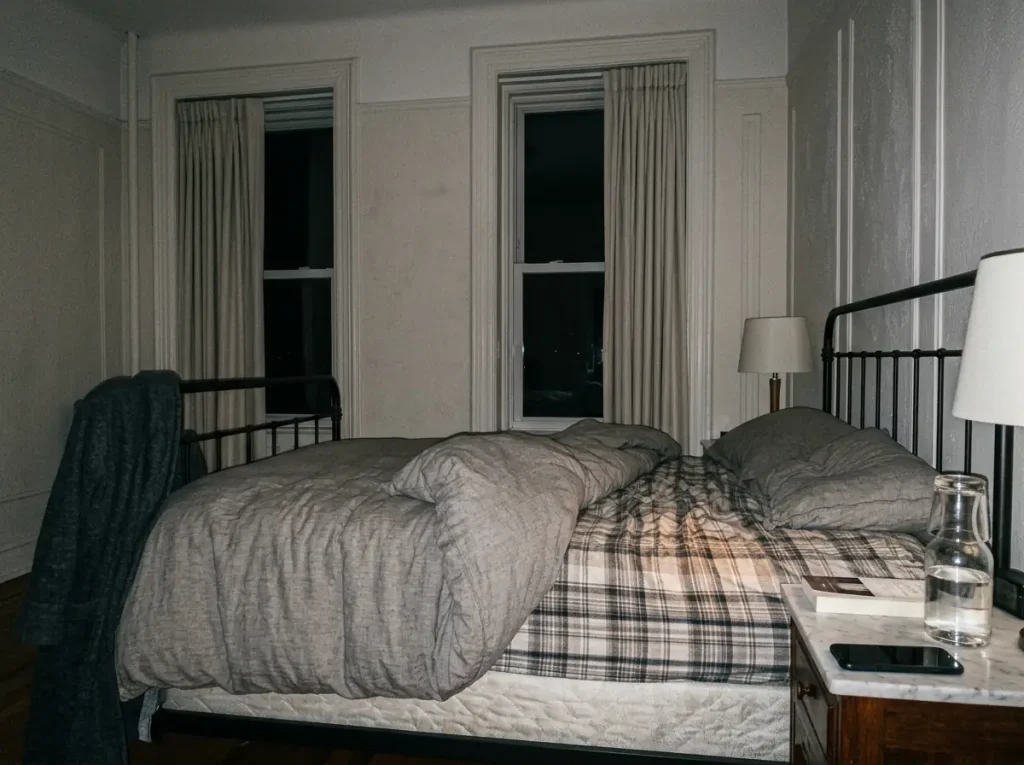 A bed at three in the morning in a cold bedroom, the duvet pulled up tight and a robe over the footboard