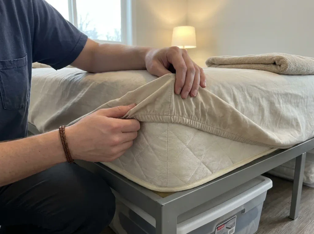 Hands lifting the loose corner of a fitted sheet to show the elastic sits only at the corner