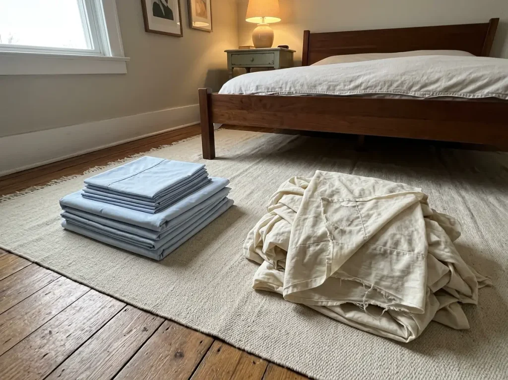 Two separate bundles of bedding on a rug, one folded and neat and one loose and worn