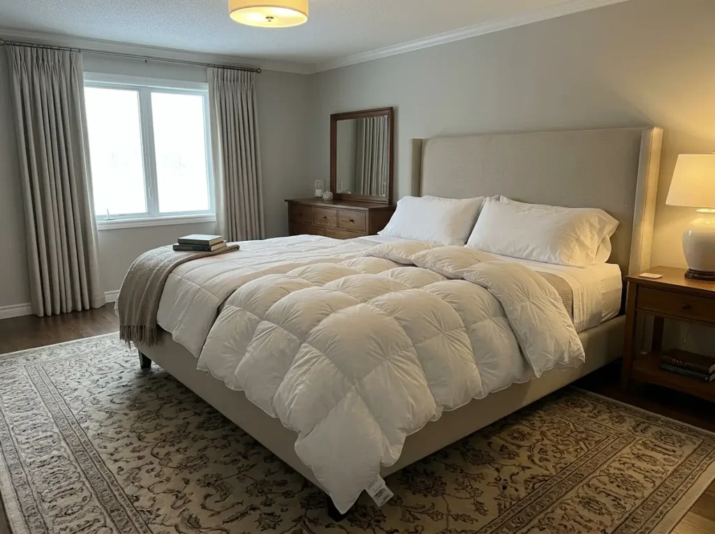 A lofted down comforter beside a flatter down-alternative one, folded back to show the difference in thickness