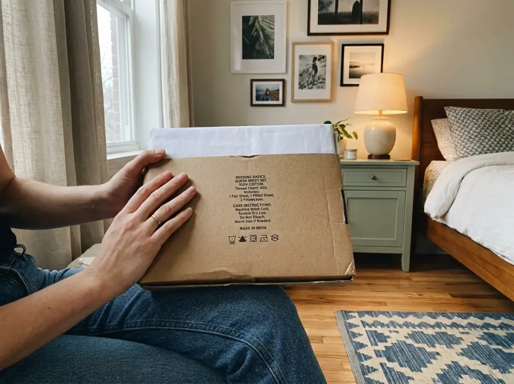 The back panel of a sheet package turned over to read the small print of its fiber content