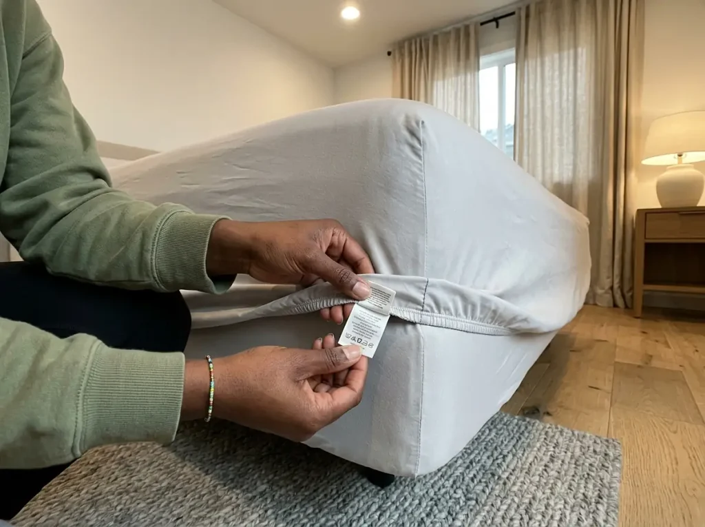 Hands turning back the hem of a fitted sheet to read the small sewn-in fiber content tag