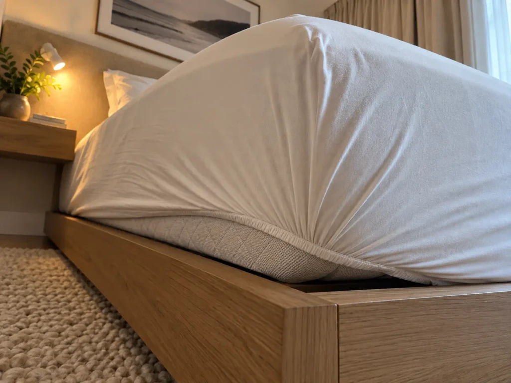 Elastic casing of a fitted sheet stretched under the corner of a tall mattress, the fabric pulling taut