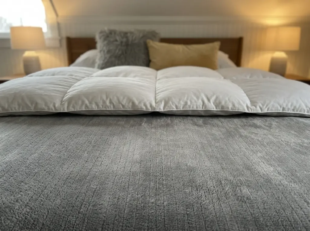 Close view of microplush heated blanket pile beside a folded duvet edge on a made bed