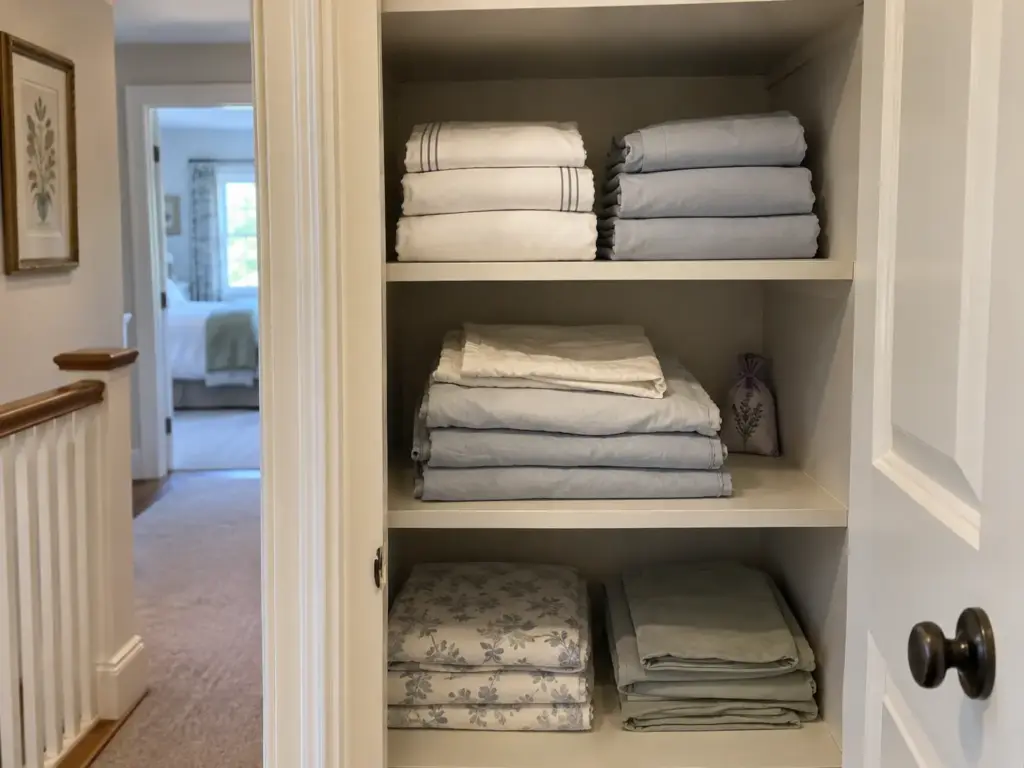 Folded sheet sets stacked in an open linen cupboard, one stack visibly older than the rest