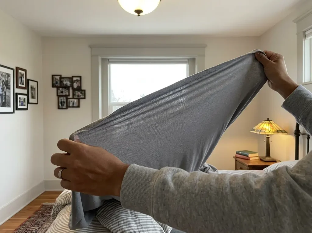 Hands stretching a jersey knit sheet sideways to show the loops giving under tension