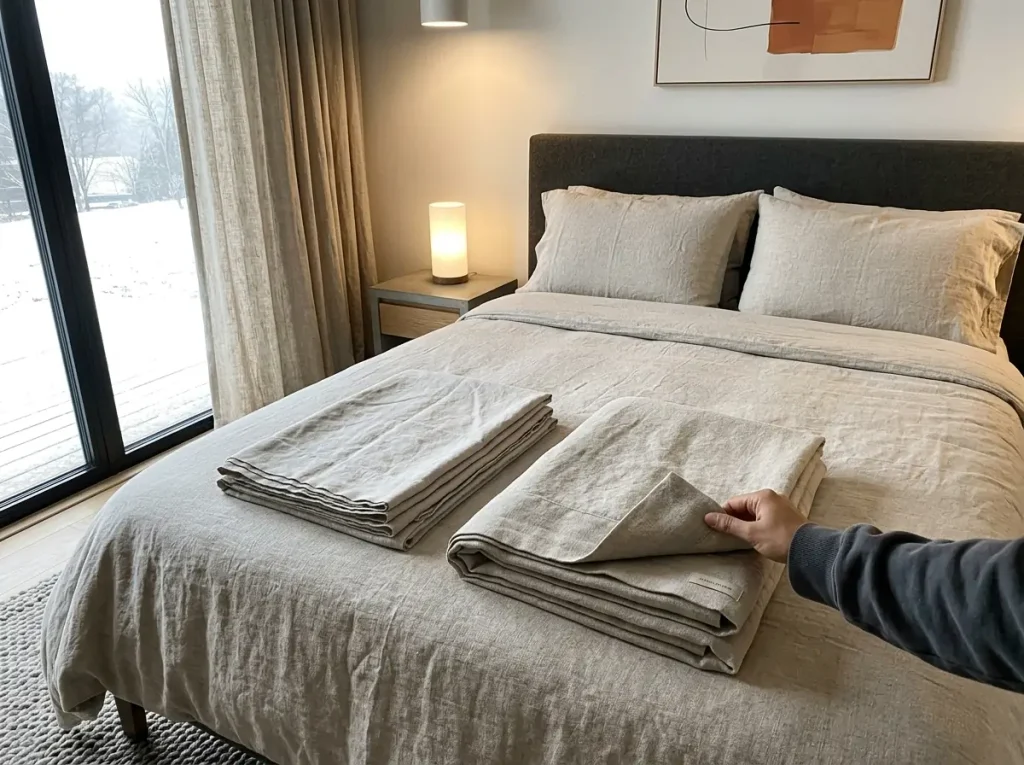 Two folded linen sheet sets of different weights laid side by side on a bed to compare