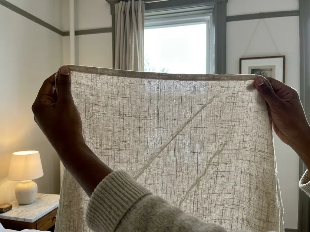 A linen sheet held up to a window, the open weave visible against the light