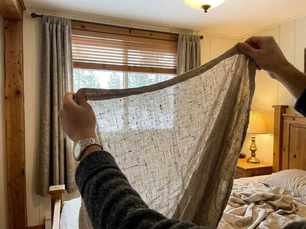 Linen sheet held to a window so the flax weave and its open structure show against the light