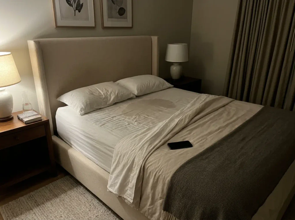 A damp patch high on a white fitted sheet where the shoulder blades lie, photographed at 3 a.m.