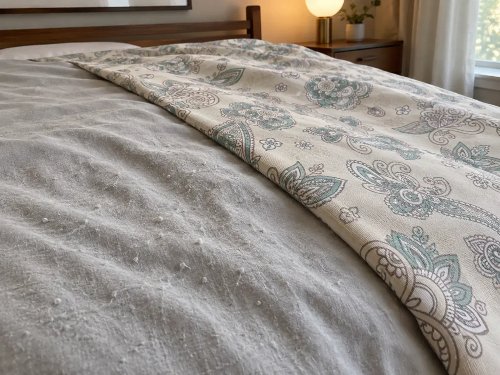 Brushed microfiber and cotton percale laid side by side, showing the nap on one and the flat weave on the other