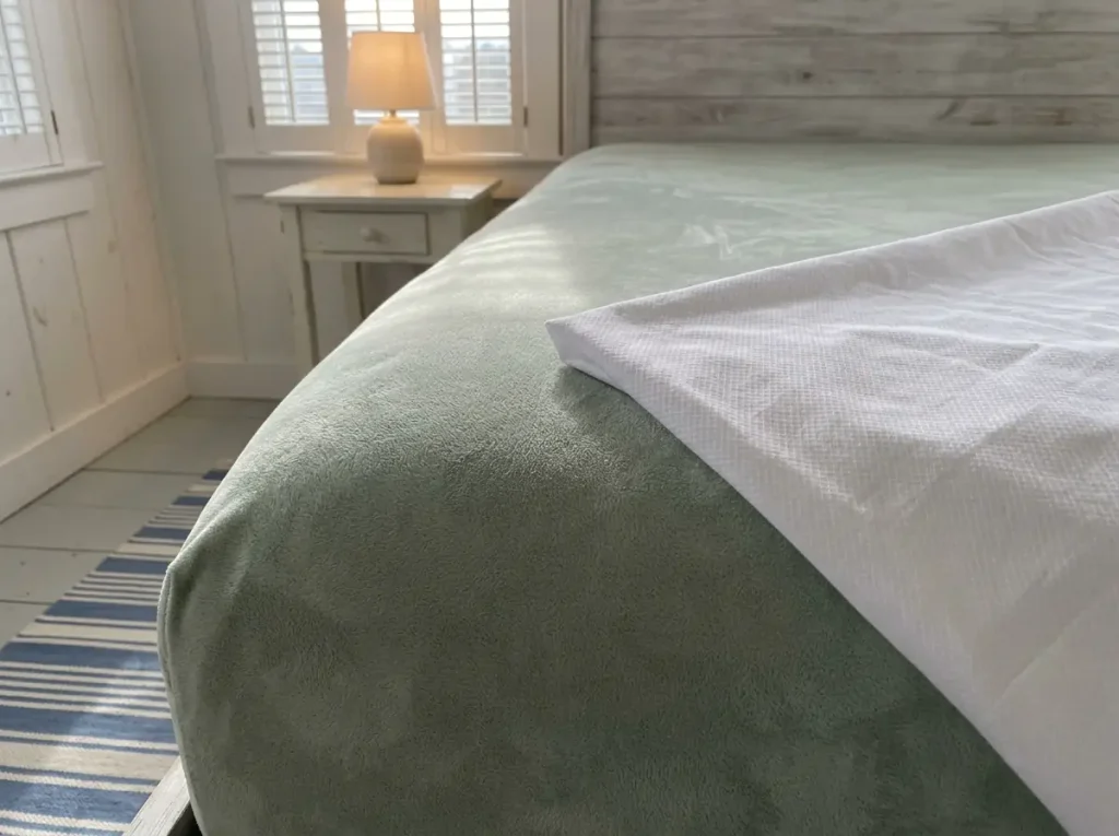 Close view of brushed microfiber sheet showing its dense flat surface under raking lamplight