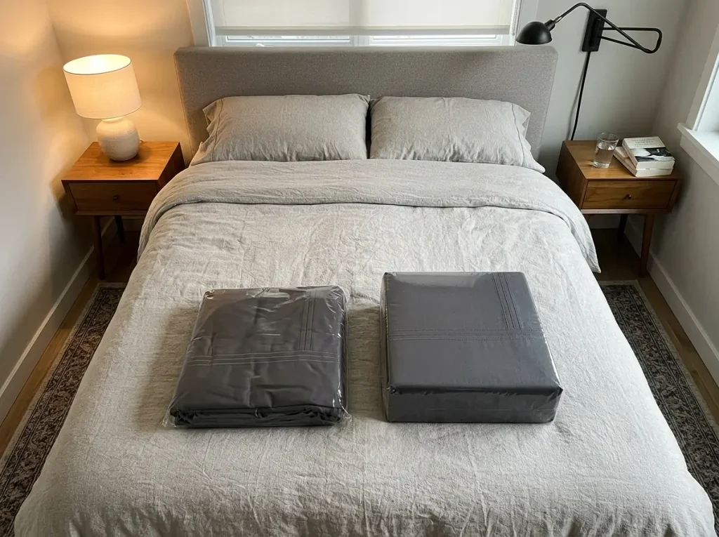 Two packaged microfiber sheet sets side by side on a bed, both labeled microfiber at different qualities
