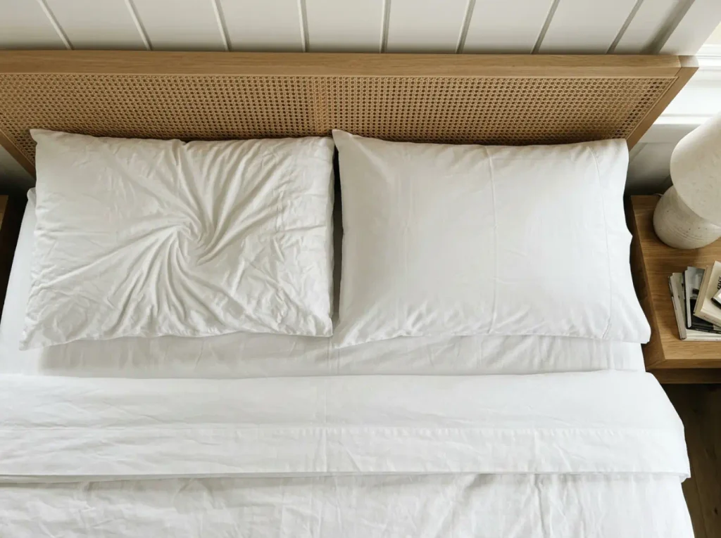 Two pillows side by side on one bed, one creased and dented, the other smooth and untouched