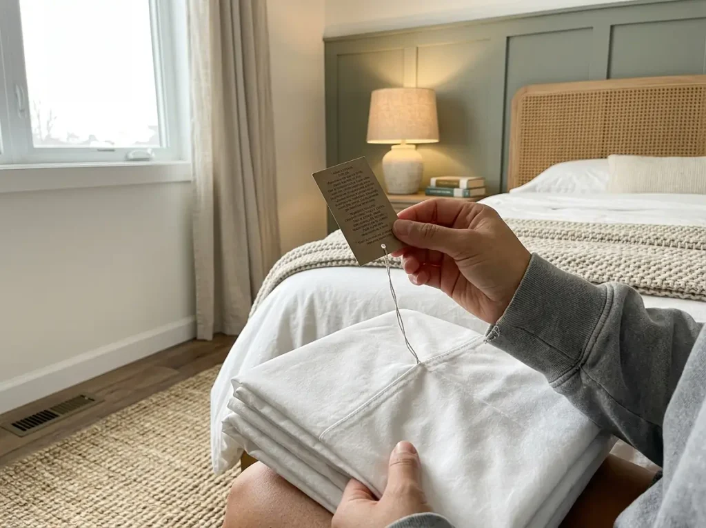 Hands holding a small printed hangtag up from the corner of a folded percale sheet set