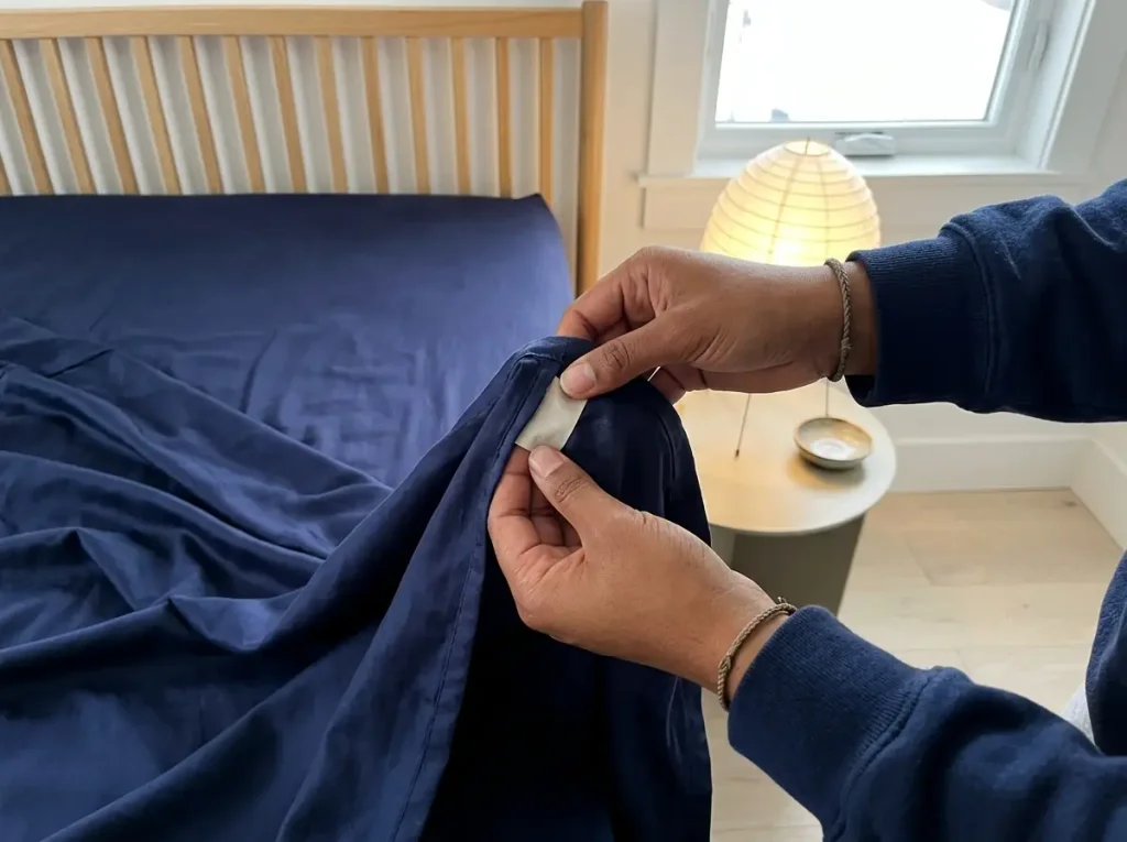 Hands holding a sewn-in fabric label flat against a lyocell sateen fitted sheet under a lamp