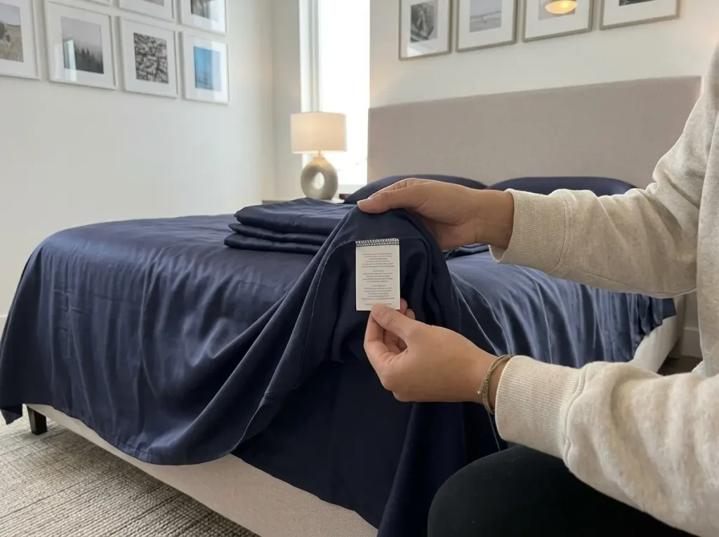 Hands holding the sewn-in care label of a lyocell sheet set flat against the folded fabric