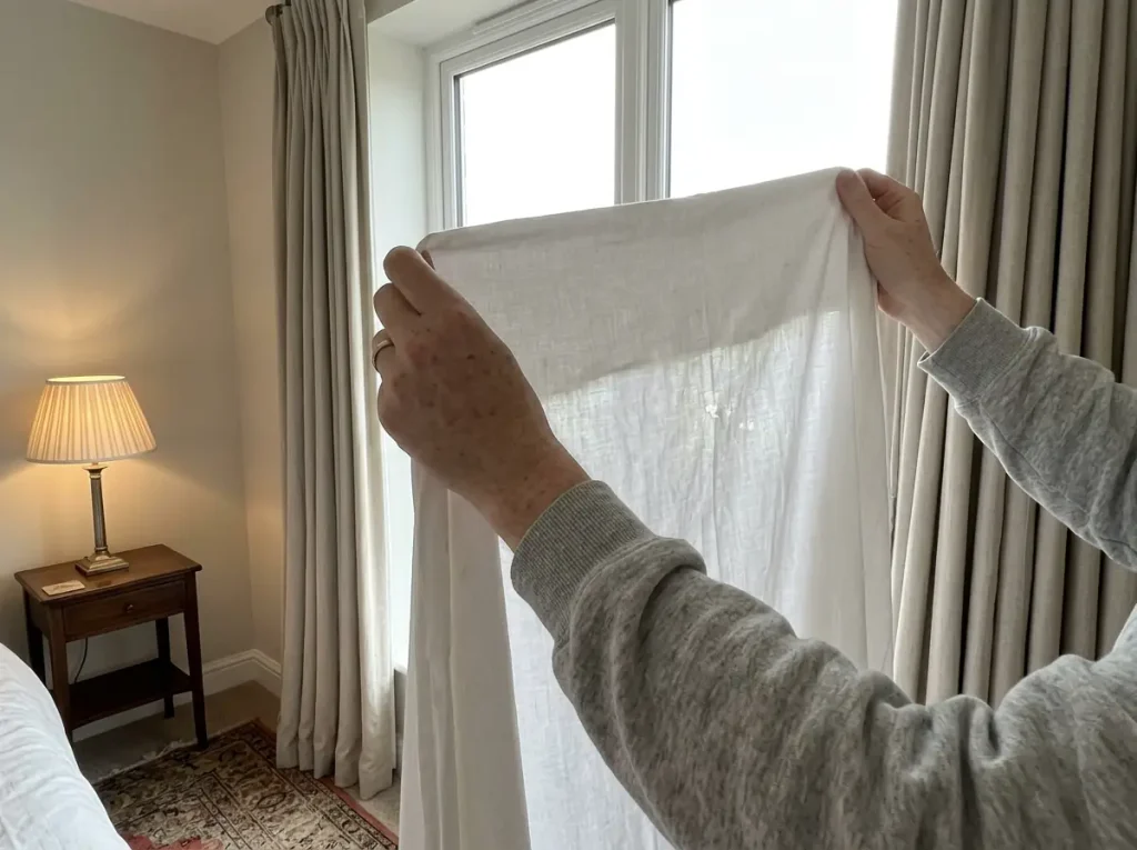 An old cotton sheet held up against a bright window, light showing through a thinned patch in the middle panel