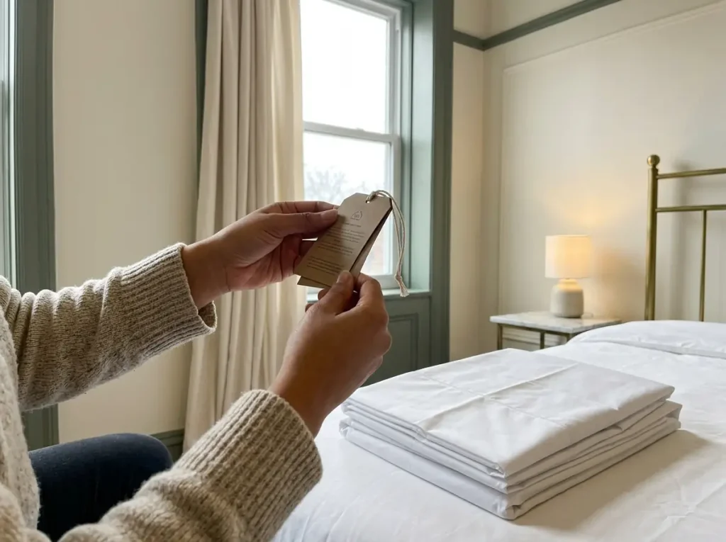 Hands holding a folded sheet-set hangtag up to the window light to read the smaller line under the logo