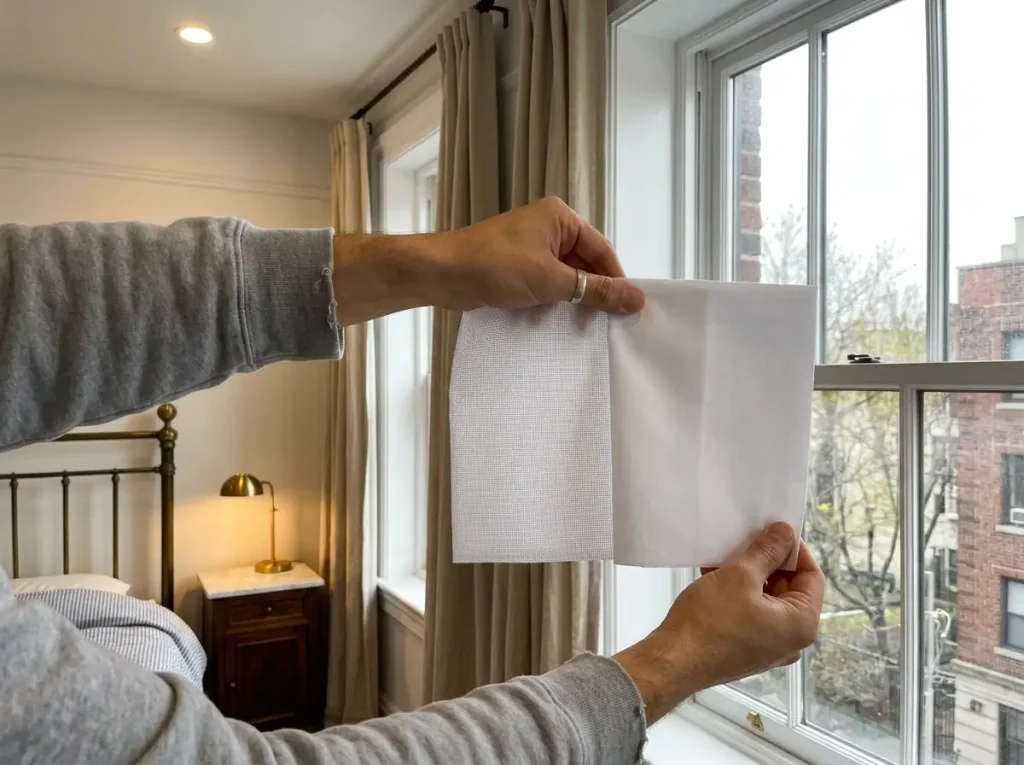 Percale held to a window showing a visible grid of light, sateen beside it reading as a closed surface
