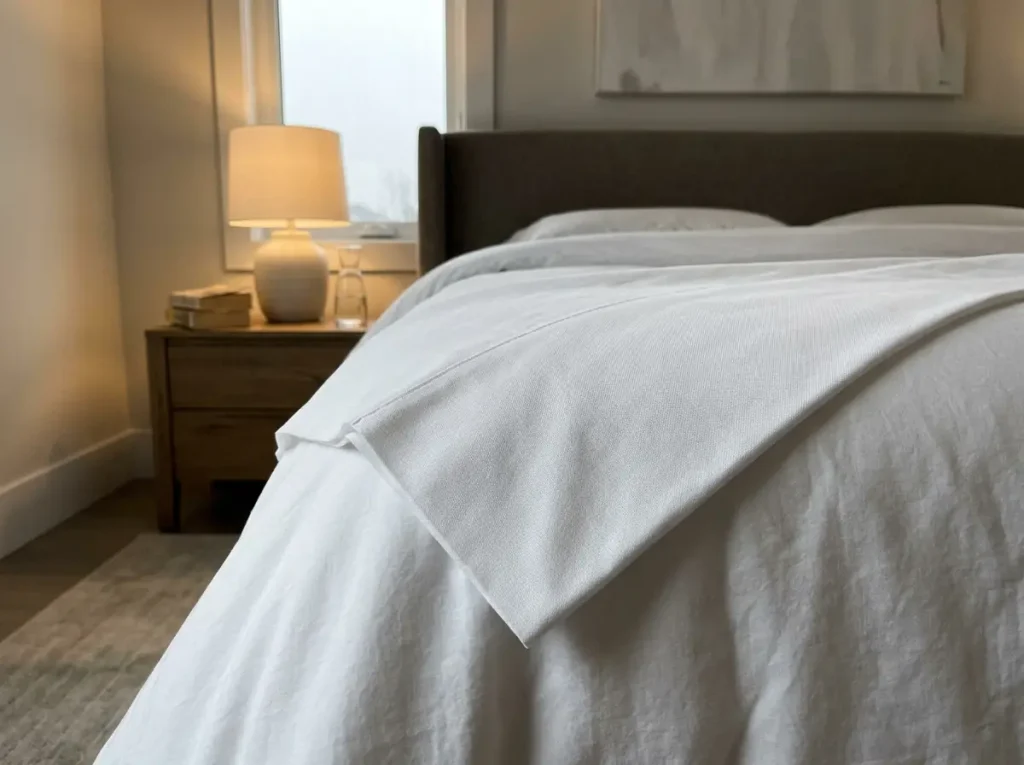 Close view of white percale showing its flat one-over-one weave in raking light