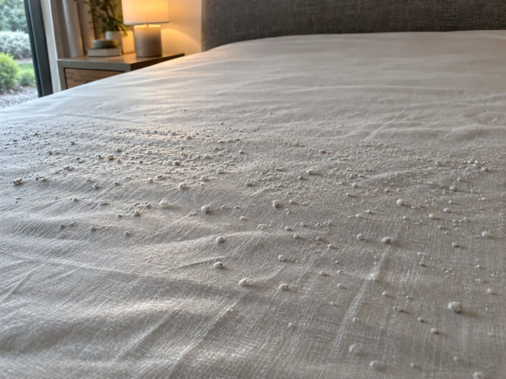Close view of pills standing in relief on a sateen sheet under raking lamplight