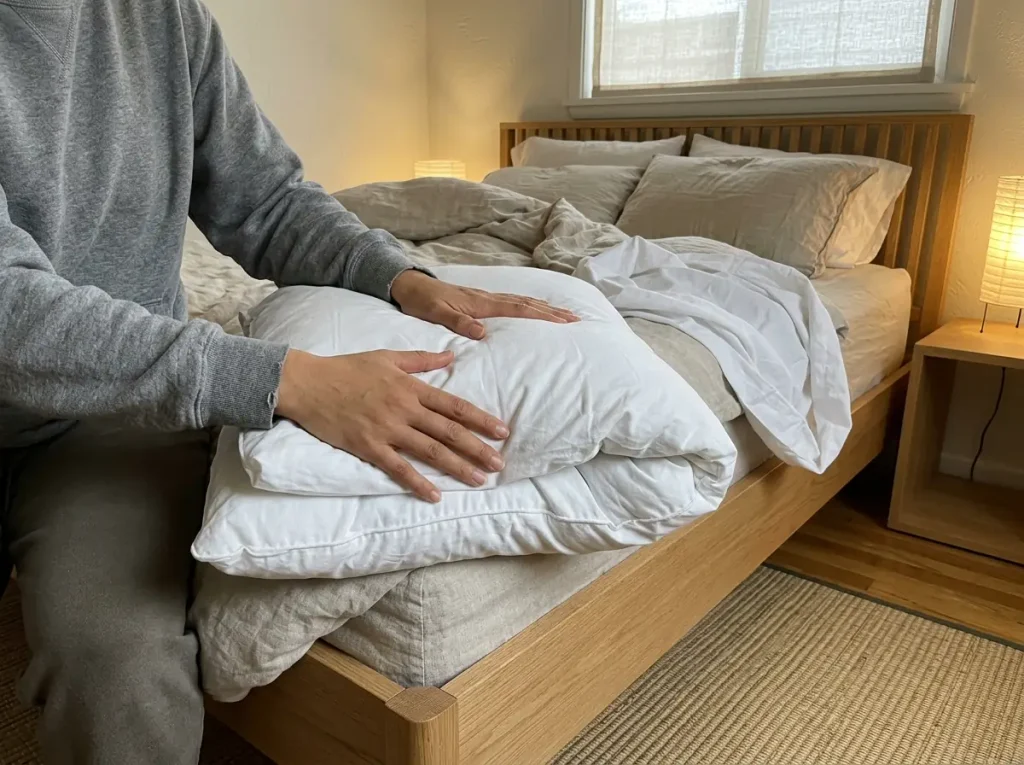 Hands folding a pillow in half to test whether the fill springs back or stays folded