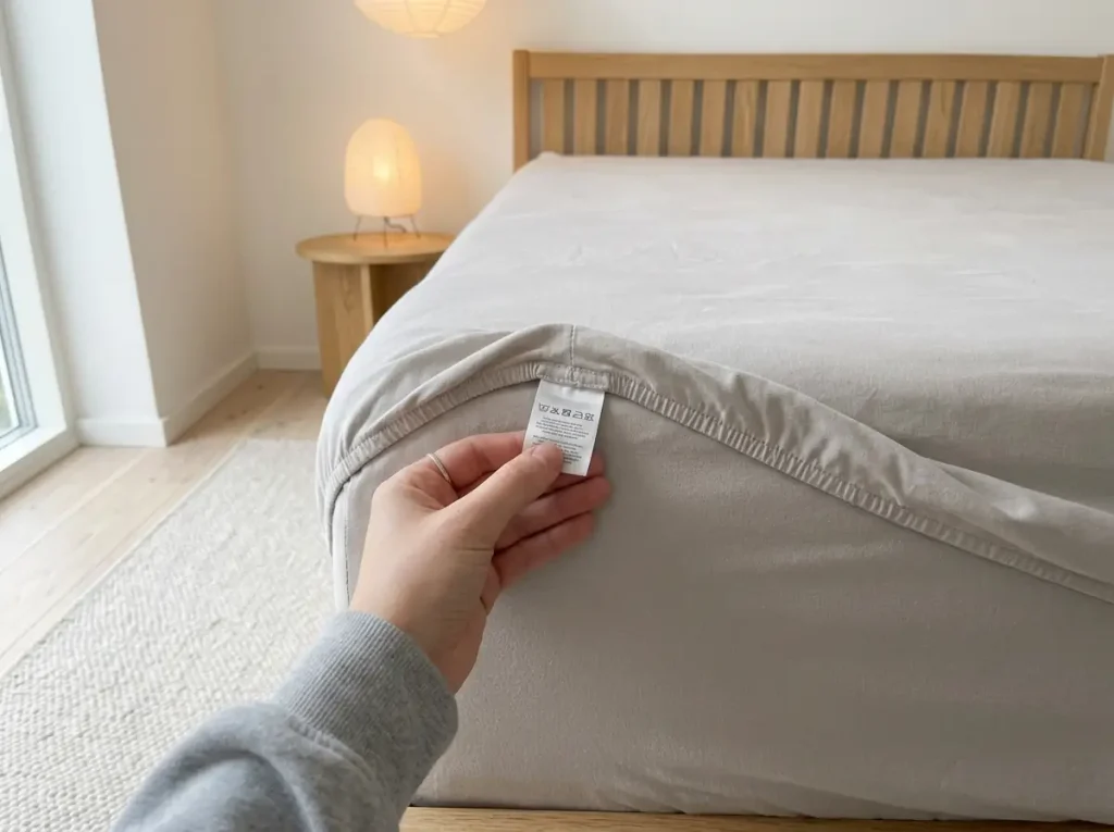 A hand turning back the hem of a synthetic fitted sheet to show the small sewn-in fiber content tag