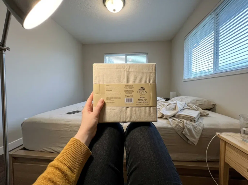 Hands turning a percale sheet package face down under a floor lamp to read the fiber content panel on the back