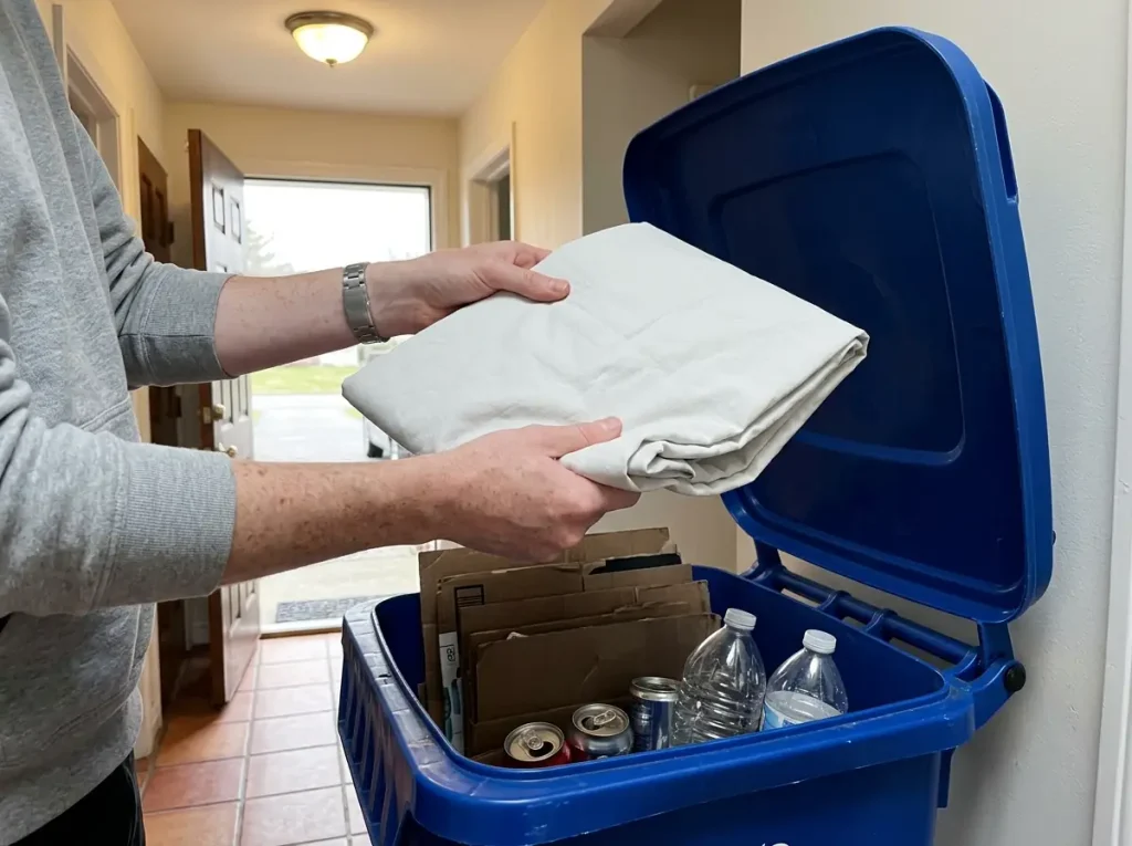 A folded sheet held above an open curbside recycling bin of cans and cardboard