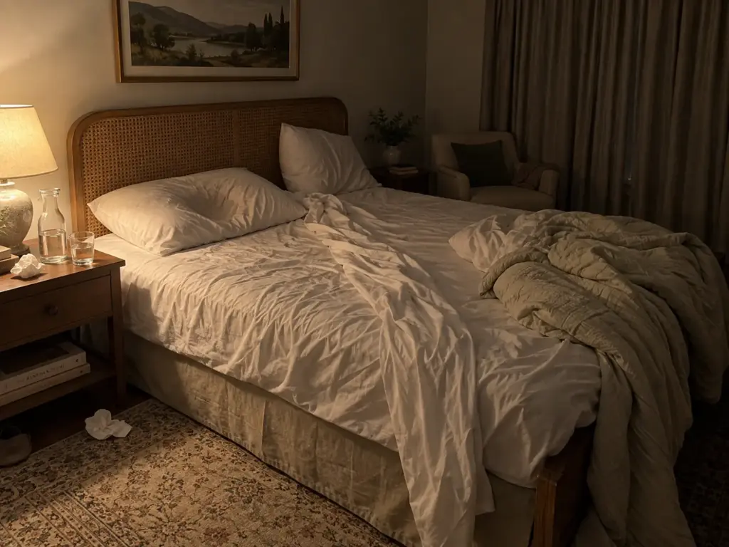 Rumpled guest bed at 3 a.m. lit only by a bedside lamp, duvet pushed back, water glass half empty