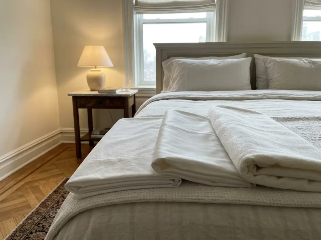 Three folded bedding fabrics side by side showing plain weave, sateen sheen and brushed flannel nap