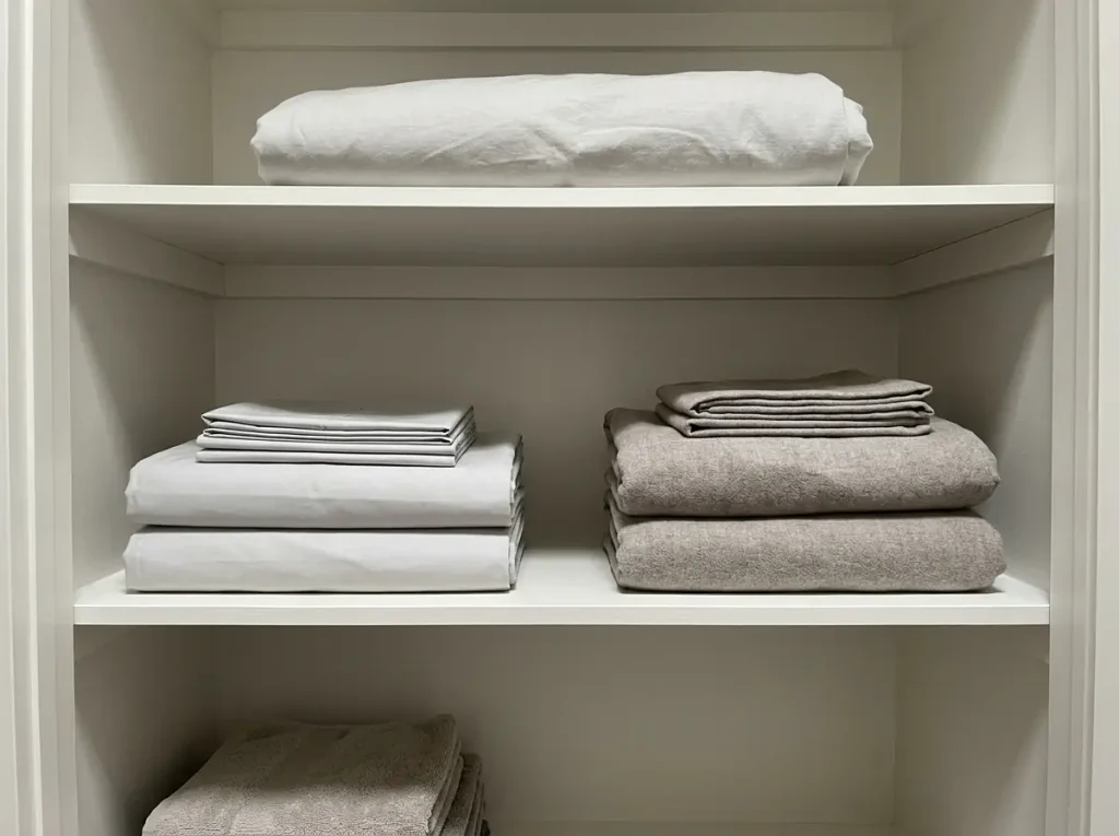 Folded sheet sets grouped in two seasonal stacks on a linen closet shelf