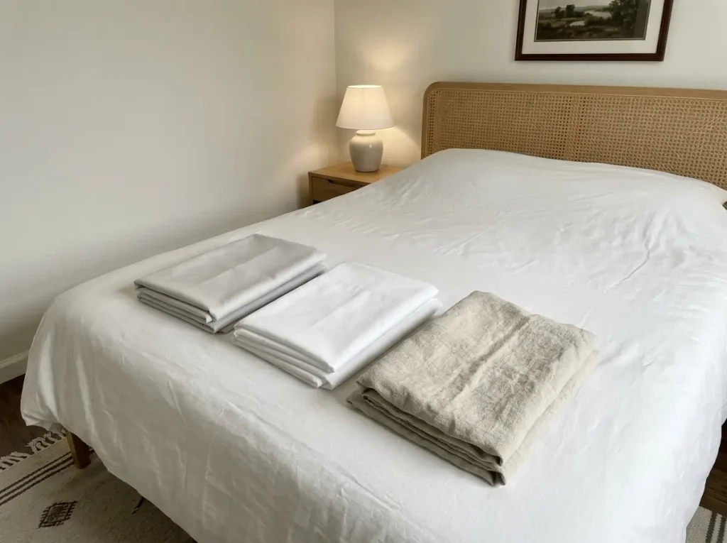 Three folded sheet sets side by side showing budget blend, cotton percale and linen