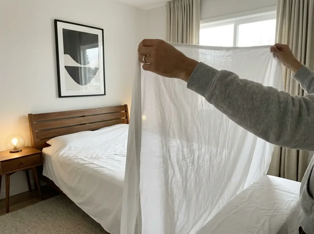 Close view of a worn cotton sheet held against daylight showing a thinner, lighter panel