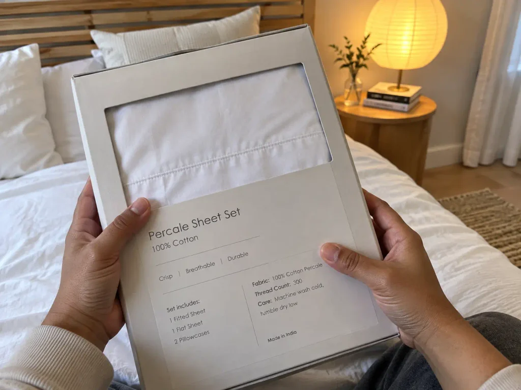 Hands turning a packaged sheet set over to read the fiber content panel on the back