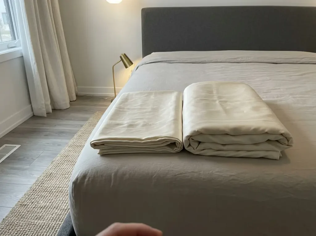 Two folded silk sheets of different momme weights side by side, raking lamplight showing the difference in thickness