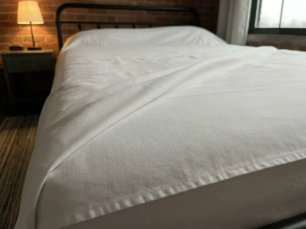 Close view of a matte percale weave where warp and weft threads cross, raking lamp light showing the grid